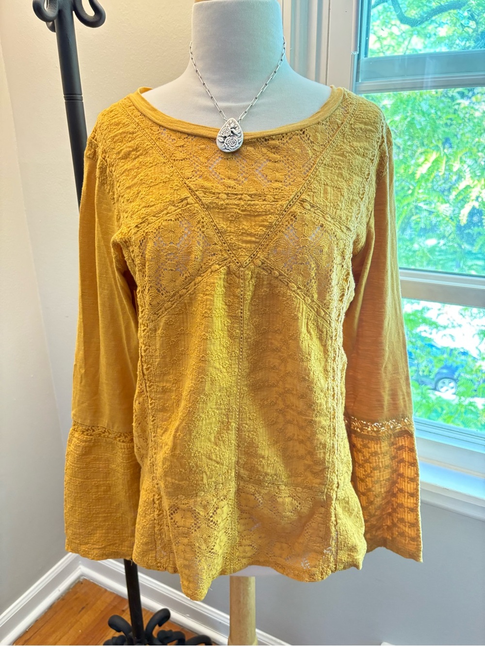 Anthropologie Eze Sur Mer Mustard Yellow Lace Panel Long Sleeve Top - Large